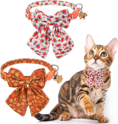 SCENEREAL Fall Cat Collar with Bell & Stylish Bowtie, Turkey Maple Leaf Pattern by SCENEREAL