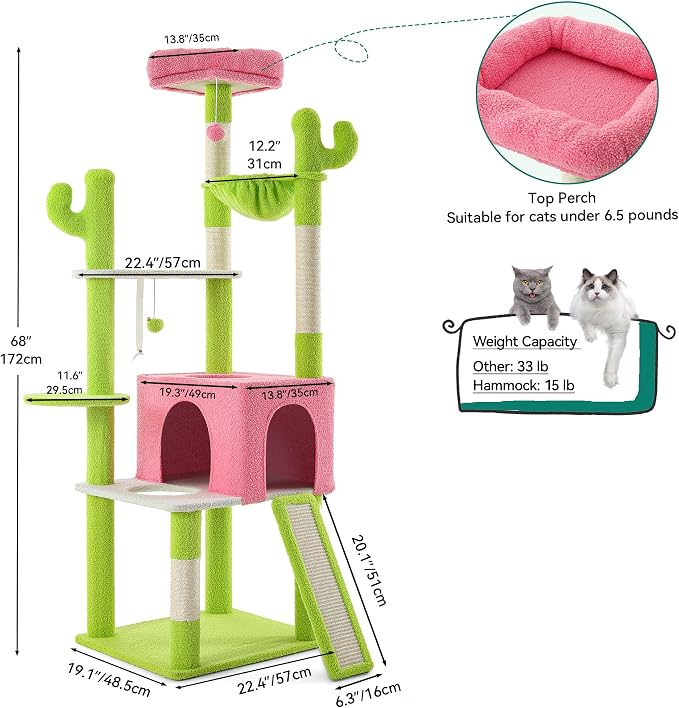DWVO 68" Tall Cactus Cat Tree: Cats Tower - Image 2
