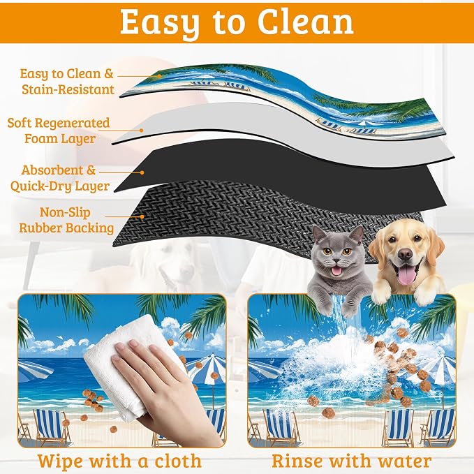 Pet Feeding Mat, Sea Beach Absorbent Dog Cat Food Mat Palm Tree Dog Mat - Image 5