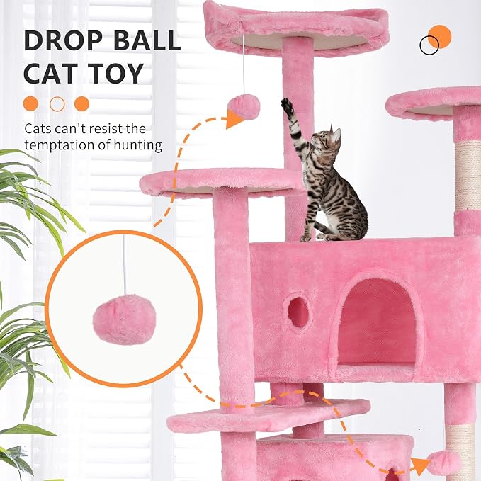 70 Inch Pink Cat Tree, Tall Cat Tower - Image 2