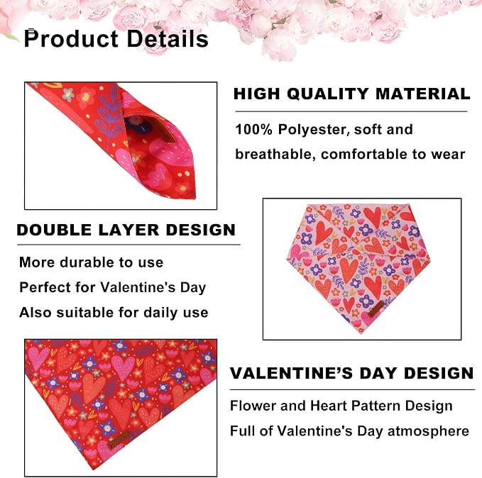 ADOGGYGO Valentines Dog Bandana 2 Pack, Heart and Floral Print Puppy Scarf Bib - Image 5