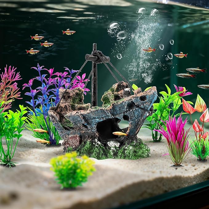 8Pcs Fish Tank Decorations Set Sunken Ship Decoration, Resin Material Fish Tank - Image 3