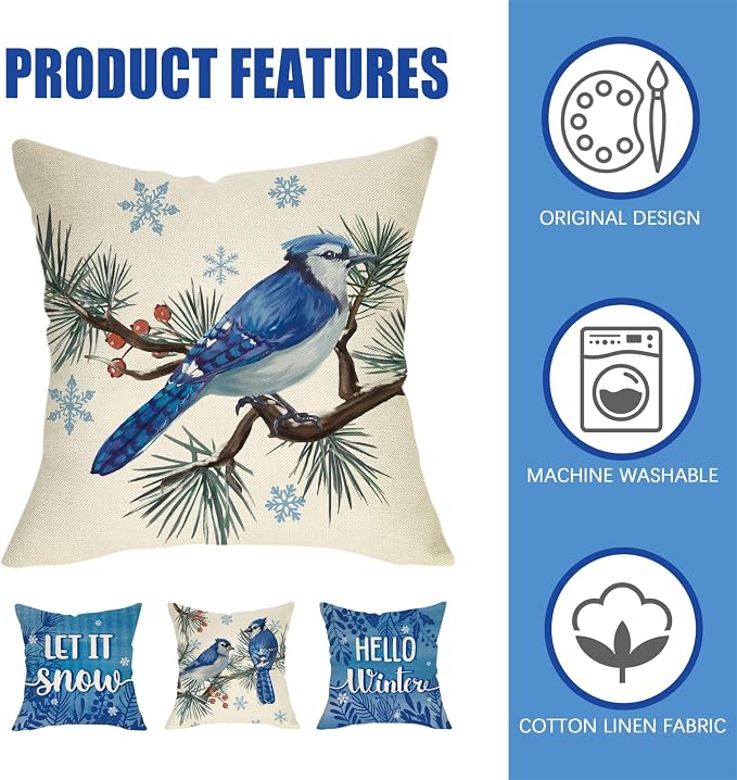 Fahrendom Hello Winter Bluebird Decorative Throw Pillow Covers 18x18 Set of 4 - Image 3