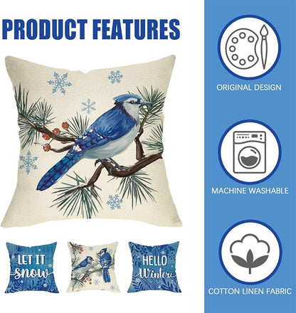 Fahrendom Hello Winter Bluebird Decorative Throw Pillow Covers 18x18 Set of 4 - Image 3