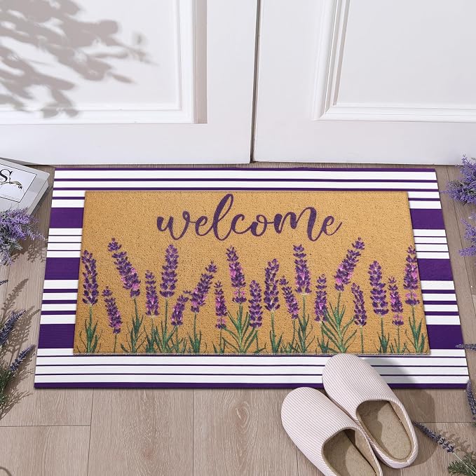 Tinideya 2 Pcs Lavender Door Mat Purple and White Stripe Welcome Non Slip Coir - Image 7