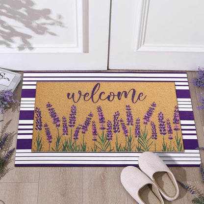 Tinideya 2 Pcs Lavender Door Mat Purple and White Stripe Welcome Non Slip Coir - Image 7