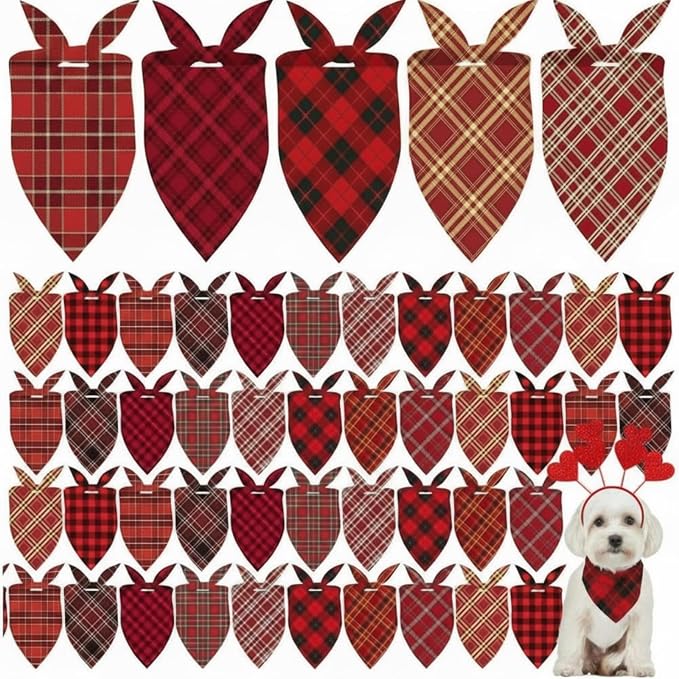 Weewooday 50 Pcs Valentine's Day Red Plaid Dog Bandanas Bulk by Weewooday