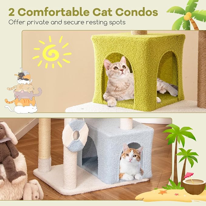 Tangkula 71 Inch Tall Cat Tree, 2 Cat Condos, Artificial Plant, Hanging Toys - Image 5