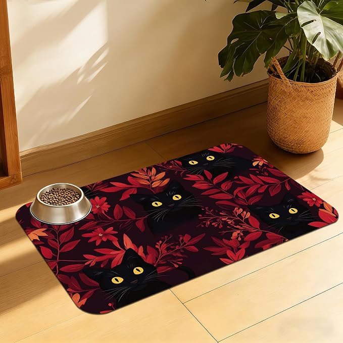 Black Cat Forest Pet Feeding Mat, Fast-Dry Absorbent Dog and Cat Bowl Mat by QSOQSO