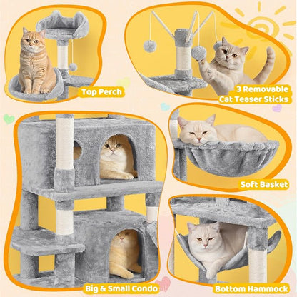 Yaheetech Cat Tree, 67in Large Tower w/ 3 Removable Teaser Sticks, 2 Kitten-Ear - Image 6