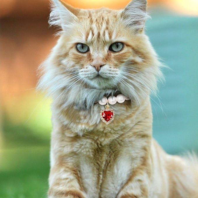 2pcs Cat Pearl Collar with Heart Pendant, Cute Pearl Pet Necklace in Small - Image 5