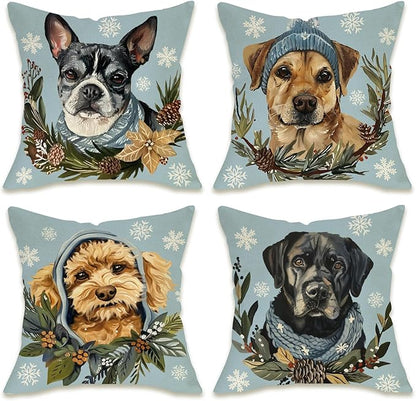 Fahrendom Winter Dogs Decorative Throw Pillow Covers 18 x 18 Set of 4, Boston by Fahrendom