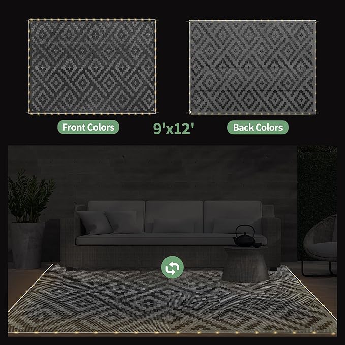 GENIMO Outdoor Rug with LED Strip Lights, Reversible Plastic Straw Rugs - Image 6