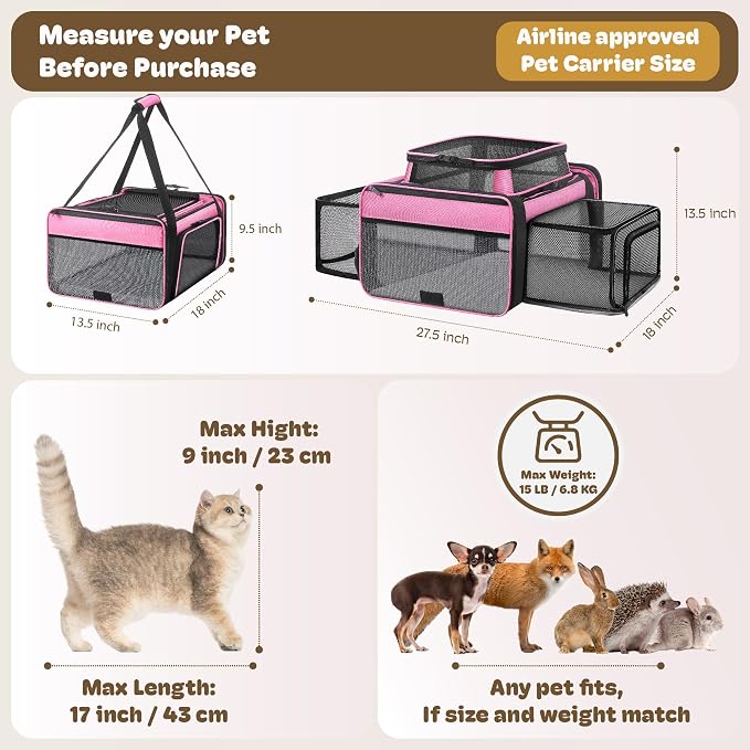 Top and 2 Sides Expandable Cat Carrier 18x13.5x9.5, TSA Airline Approved Dog - Image 4