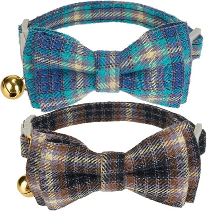2 Pack Cotton Cat Collar, Removable Bowtie, Plaid Pattern, Safety Breakaway by Petiry