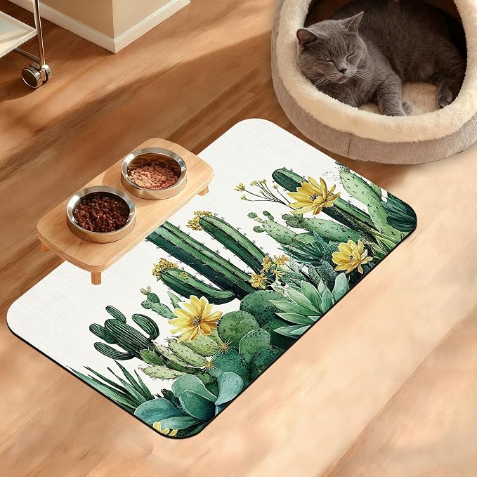 Tropical Cactuses Feeding Mat, Blooming Succulents Absorbent Quick-Dry Cat Dog by Unknown