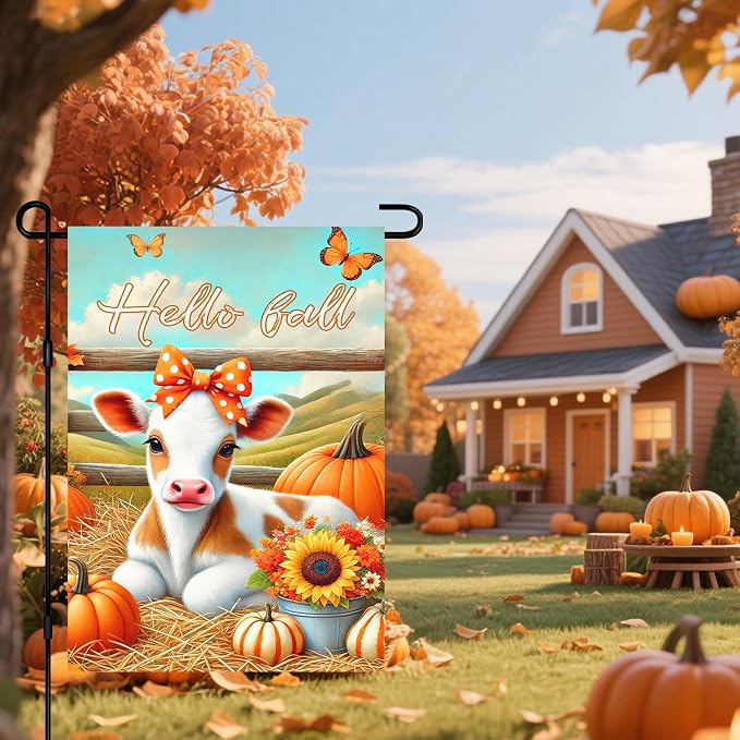 Hello Fall Garden Flag Cute Calf Cow Flag 12x18 Inch Polka Dot Bow Hay Pumpkins - Image 2