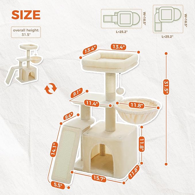 PETEPELA Small Cat Tree for Indoor Cats, Cozy Hammock and Removable Top Bed - Image 4