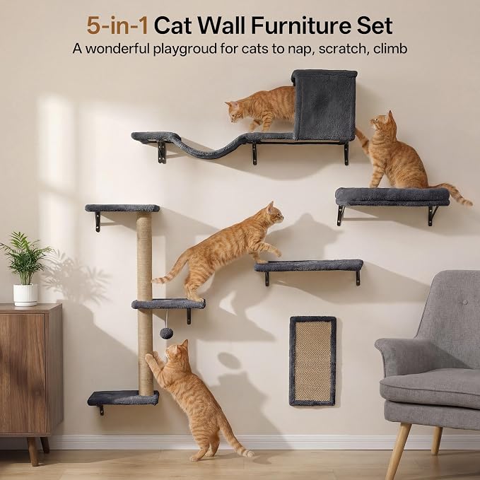 MEWANG 5-in-1 Cat Wall Shelves: Cat Climbing Furniture - Image 3