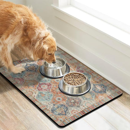 Moroccan Trellis Dog Food & Water Mat, Mexican Talavera Boho Colorful Pet - Image 3