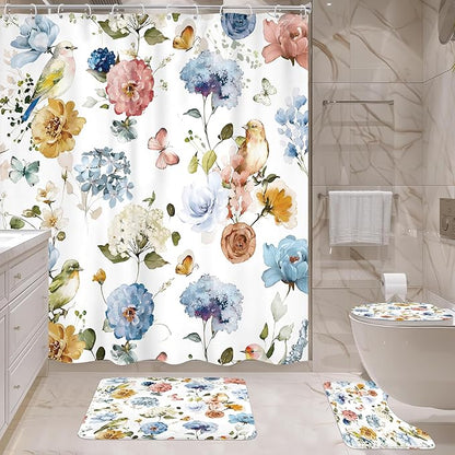 4 PCS Blue Floral Birds Bathroom Set - Image 4