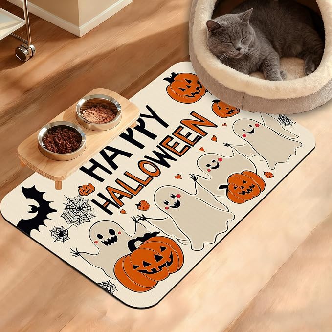 Pumpking Bat Dog Cat Food Mat, Halloween Absorbent Waterproof Placemat by Unknown
