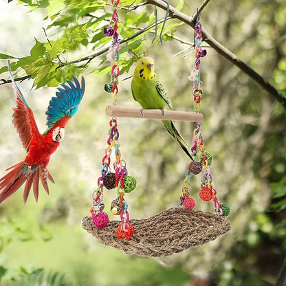 Bird Swing Toys with Wood Perch, Seagrass Woven Parrot Platform Bird Climbing - Image 4