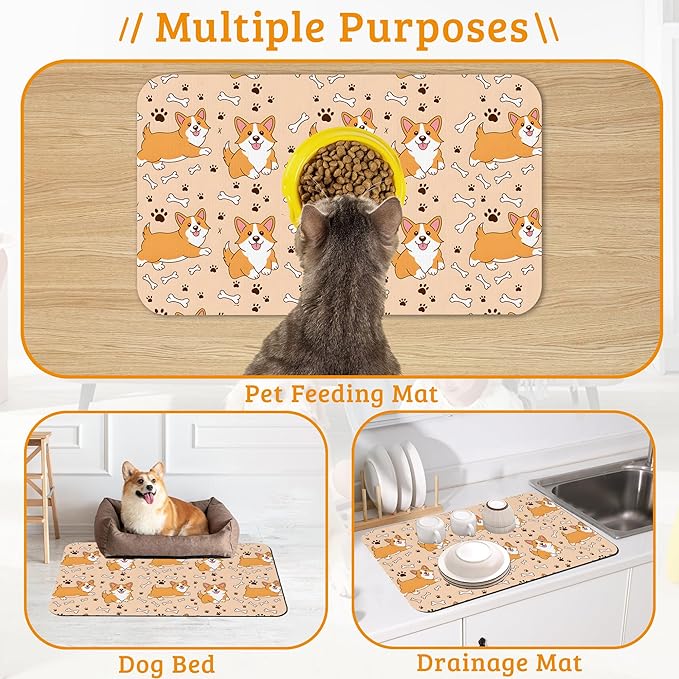 Corgi Feeding Mat, Cute Dogs Absorbent Quick-Dry Cat Dog Food and Water Bowl - Image 7