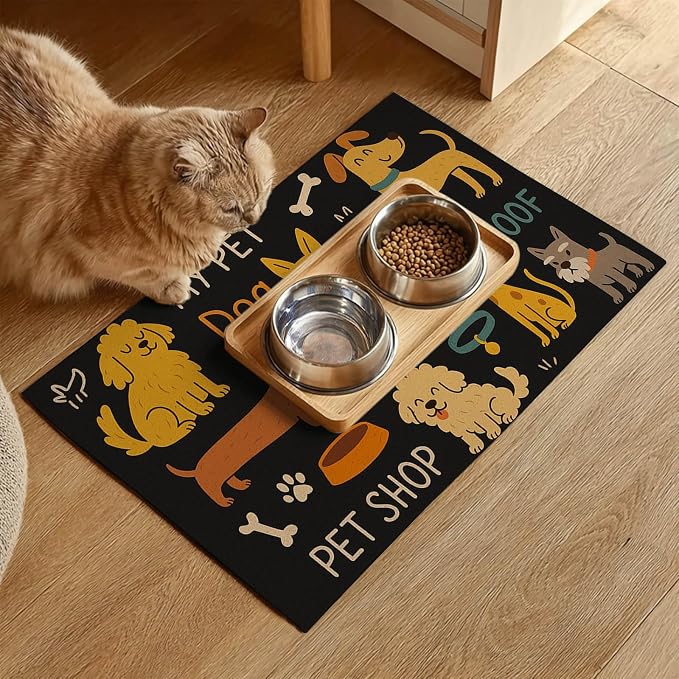 Cute Happy Dog Pattern Design Pet Food Mat 20" x 12" Fun Easy Clean Pet Feeding - Image 2