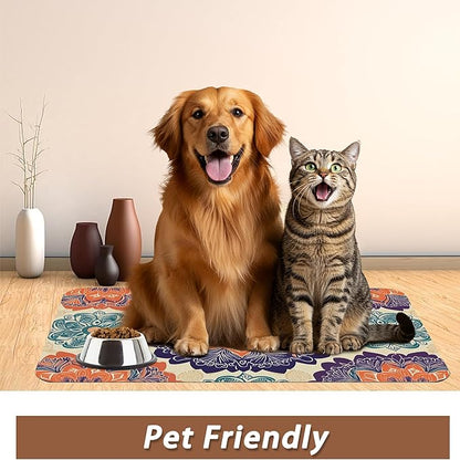 Mandala Flower Dog Cat Food Mat, Vintage Boho Floral Absorbent Pet Feeding Mat - Image 6