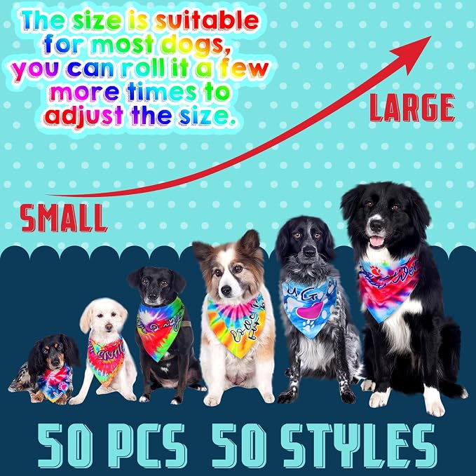 50 Pcs Tie Dye Dog Bandanas Bulk Pet Bibs Colorful Triangle Scarf Tie Dye - Image 3