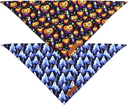 Realeaf Halloween Dog Bandanas 2 Pack, Pumpkins and Ghosts Pet Scarf - Image 3