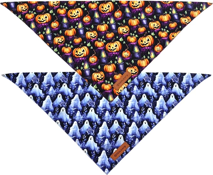 Realeaf Halloween Dog Bandanas 2 Pack, Pumpkins and Ghosts Pet Scarf - Image 3