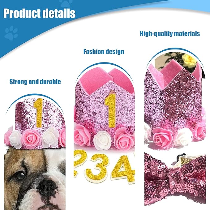 Pet Birthday Hat, Dog Birthday Crown Hat and Bowtie - Image 3