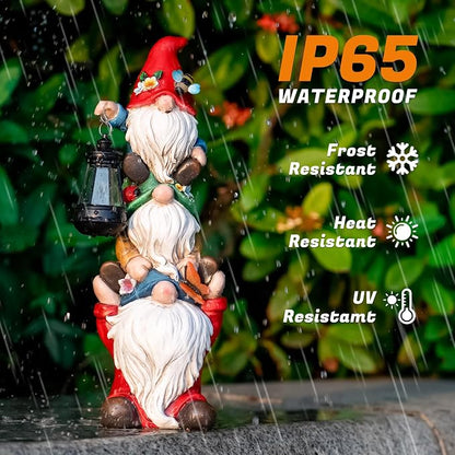Garden Gnome Statue with Solar Lights Garden Sculptures Funny Triple Gnome - Image 5