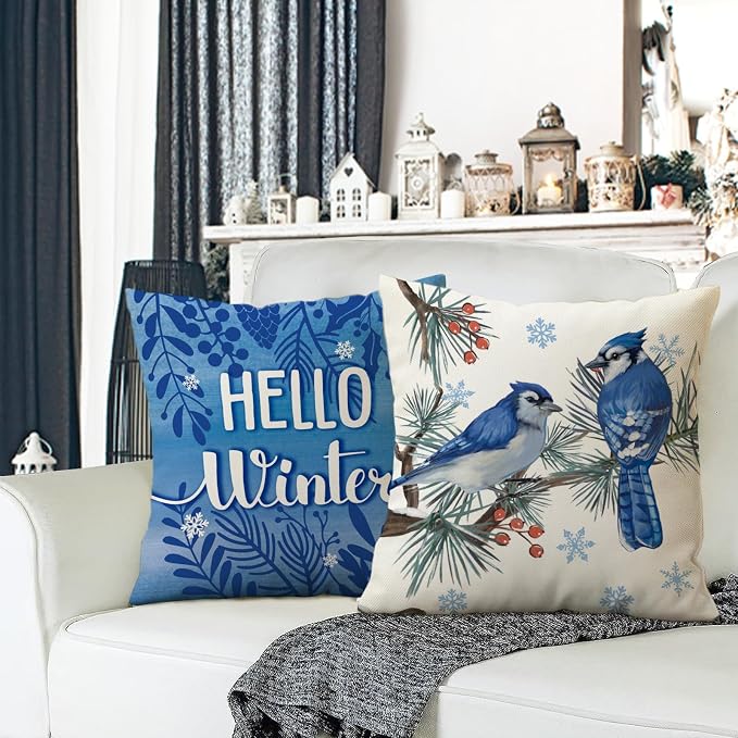 Fahrendom Hello Winter Bluebird Decorative Throw Pillow Covers 18x18 Set of 4 - Image 4