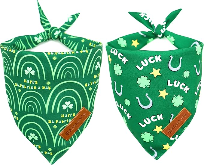 Realeaf St. Patrick's Day Dog Bandanas 2 Pack, Reversible Green Dog Scarf by Realeaf