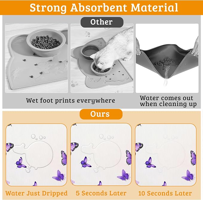 Pet Feeding Mat, Lavender Butterfly Absorbent Dog Cat Food Mat Purple Dog Mat - Image 3