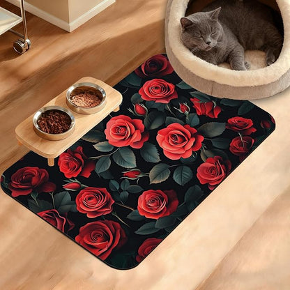 Retro Rose Feeding Mat, Non-Slip Rubber Backing Mat, Cat Dog Accessories by Unknown