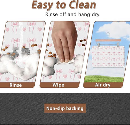 Cute Pink Bow Dog Food Mat for Floors, Heart Absorbent Pet Food and Water Bowl - Image 4