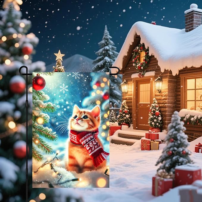 Christmas Garden Flag Winter Flag Cute Kitten Scarf Snow Scene Outdoor Yard - Image 7