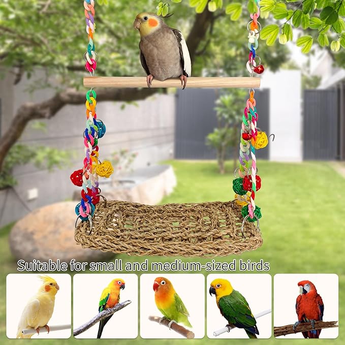 Natural Bird Swing Toys with Wood Perch, Double Layer Bird Seagrass Woven - Image 5