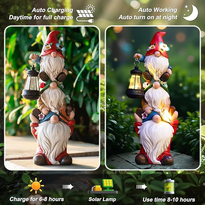 Garden Gnome Statue with Solar Lights Garden Sculptures Funny Triple Gnome - Image 3