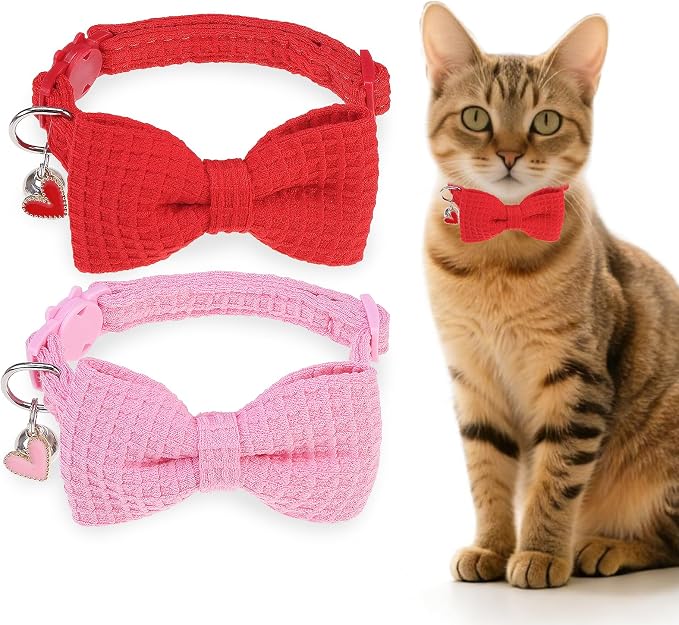 Cat Collar Breakaway with Bells, Soft Cotton Pink Cat Bowtie Collar by DILLYBUD