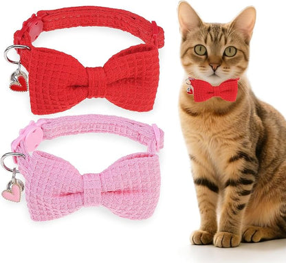 Cat Collar Breakaway with Bells, Soft Cotton Pink Cat Bowtie Collar by DILLYBUD