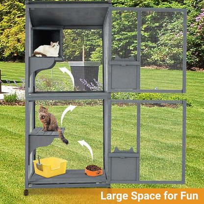 69-Inch Catio, Wooden Cat Enclosure, 4-Tier Cat House w/Waterproof Roof - Image 4