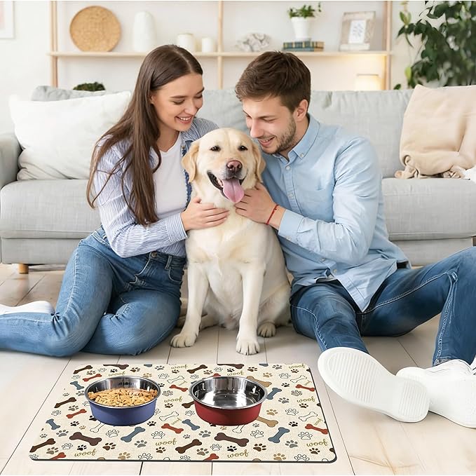 Dog Feeding Mat 24 x 16 Inch, Neutral Paw Bone Woof Dog Placemat Absorbent - Image 4