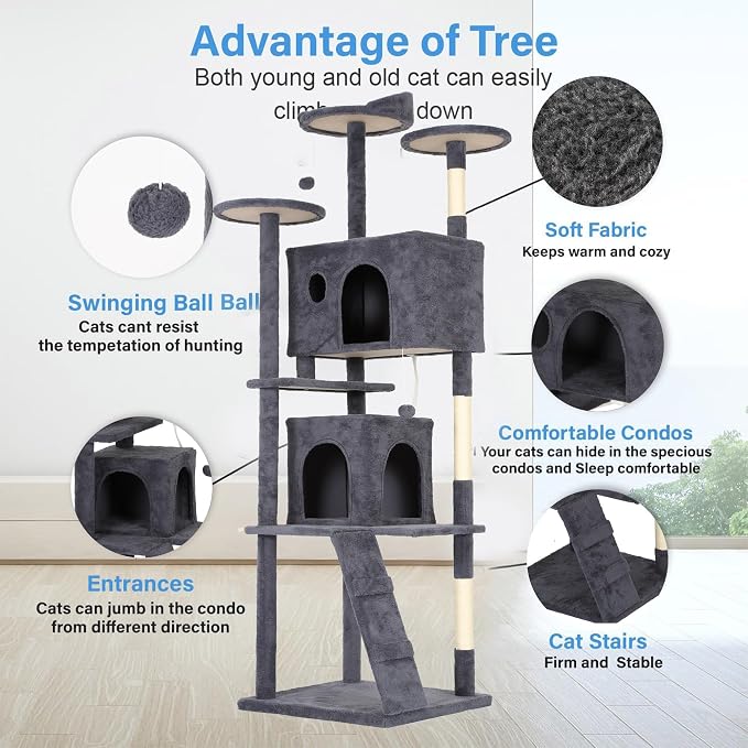 FDW | 81" Cat Tree Tower | Dark Gray | Multi-Level Indoor Activity Center - Image 5
