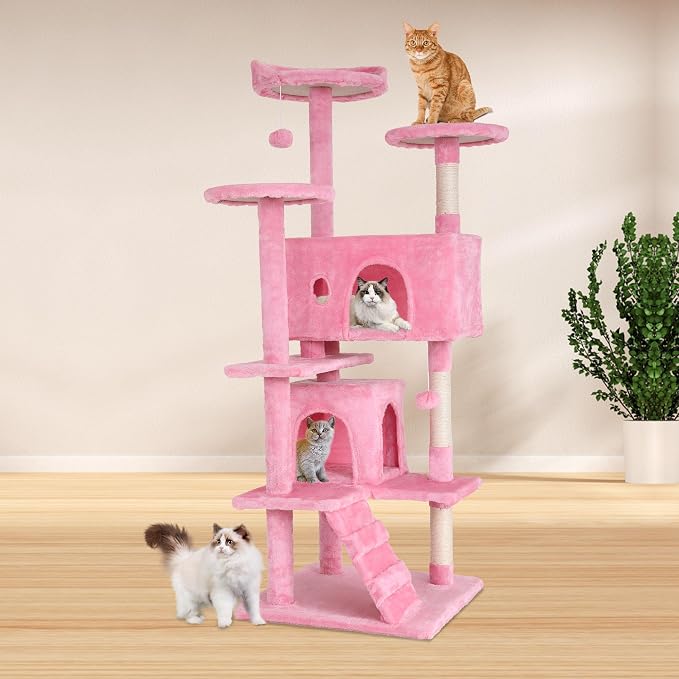 BestPet | 54" Cat Tree Tower | Pink | Sturdy, Hanging Cat Toys, Observation - Image 2