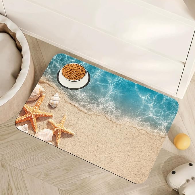 Beach Starfish Dog Food Mat for Floors, Cute Seashell Absorbent Pet Food and by Unknown